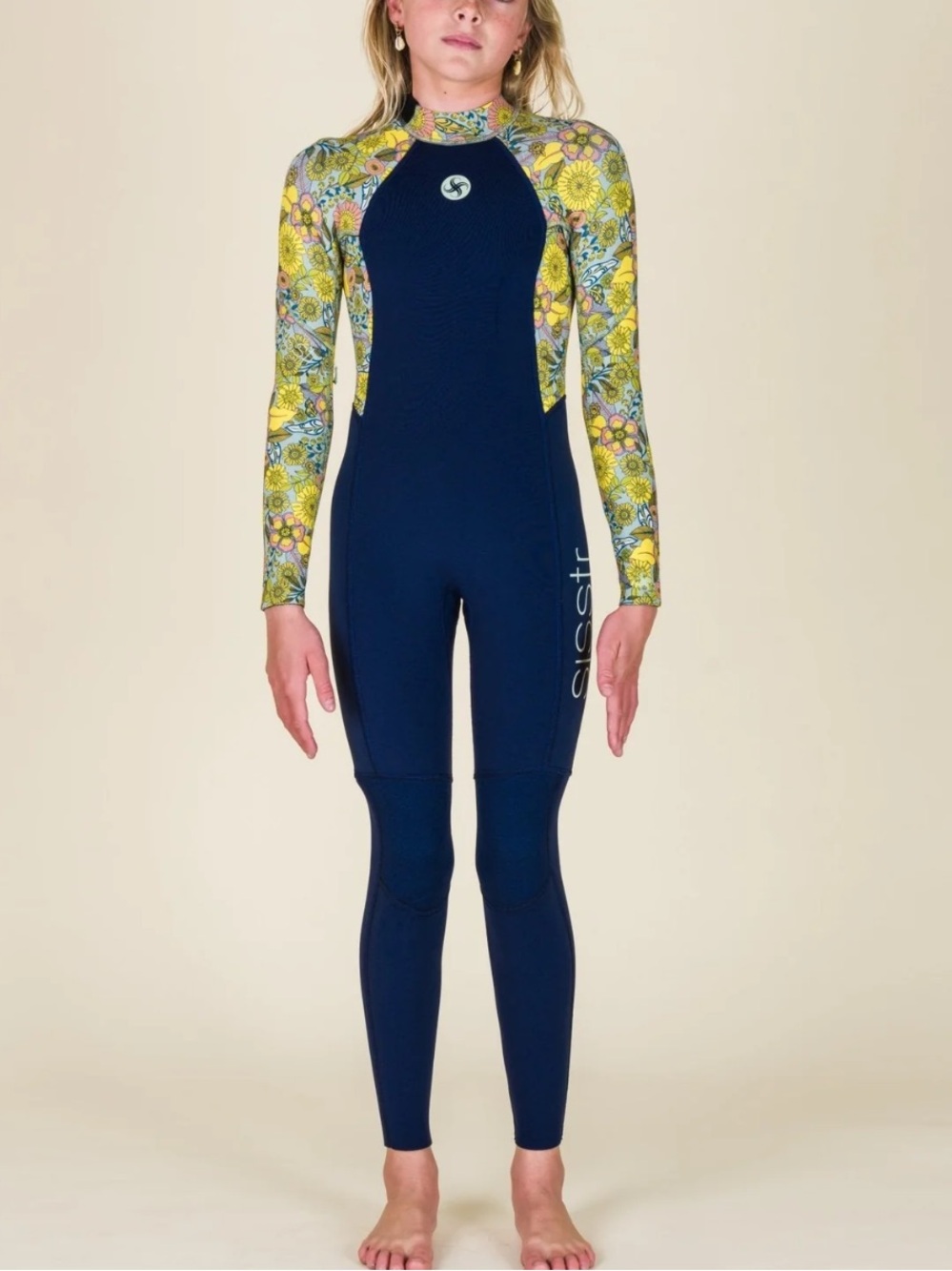 Sisstr Navy blue One-Piece Wetsuit with Yellow Floral Sleeves